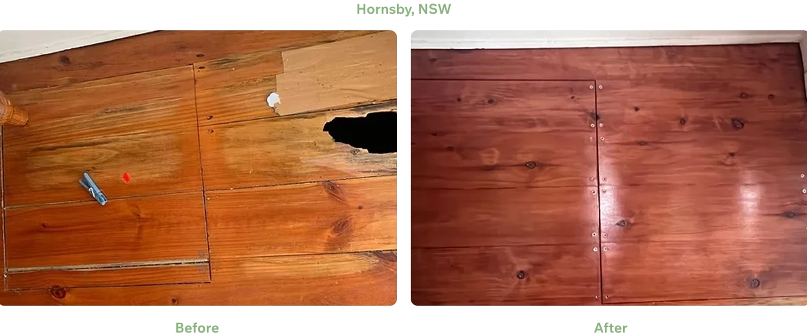Timber surface replaced, repaired, stained and varnished in Hornsby, Sydney Before and after timber surface replaced, repaired, stained and varnished in Hornsby, Sydney