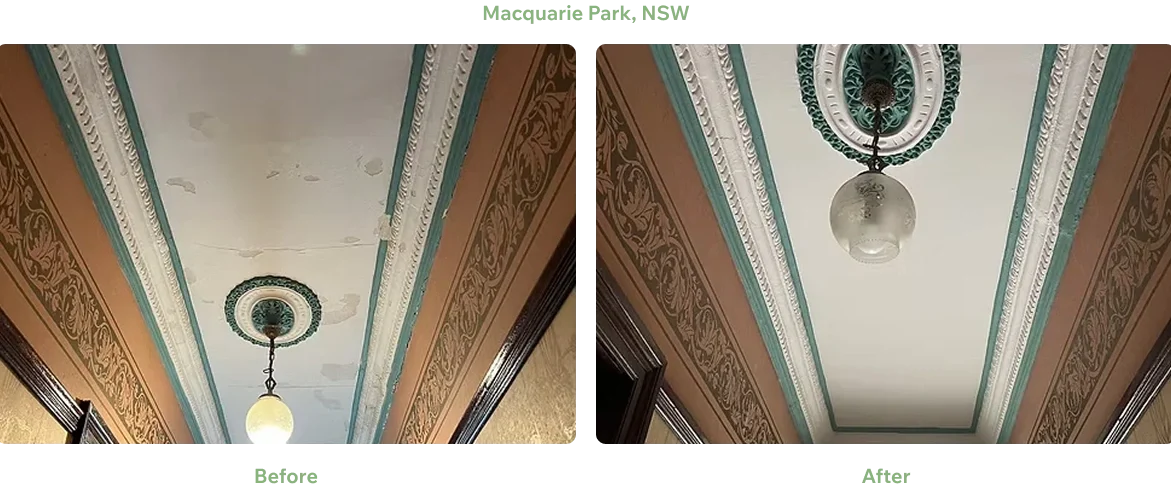 Ceiling Repair and Painting Macquarie Park NSW Before and after ceiling repair and painting in Macquarie Park NSW