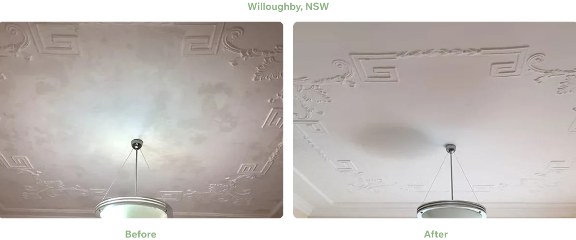 Ceiling Repair and Painting Willoughby NSW Before and after ceiling repair and painting in Willoughby NSW.