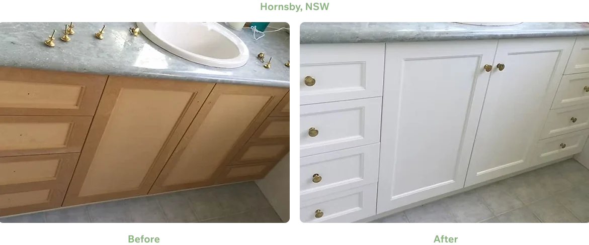Bathroom Vanity Cabinet Painting Hornsby NSW Before and after bathroom vanity cabinet painting in Hornsby NSW.