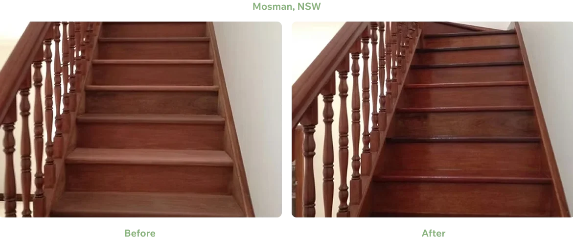Timber Staircase Polishing and Varnishing Mosman NSW Before and after timber staircase sanding, polishing and varnishing in Mosman NSW.