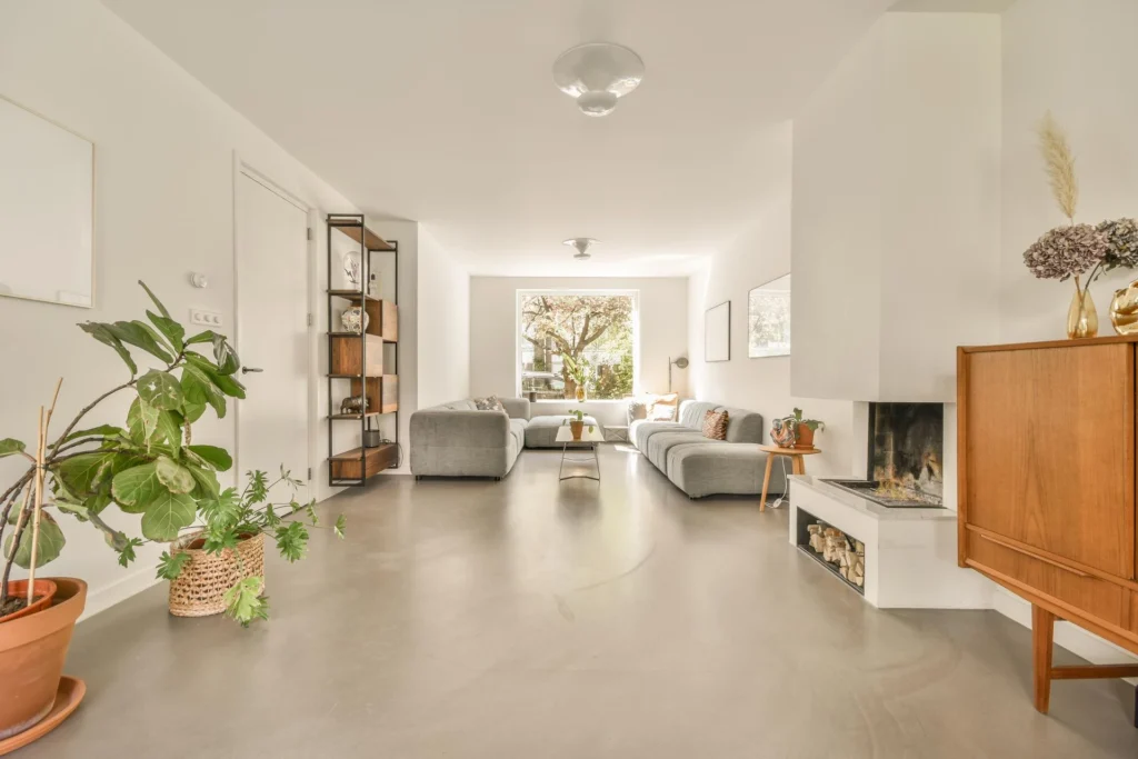 Interior concrete floor painting and coating in modern Sydney living room