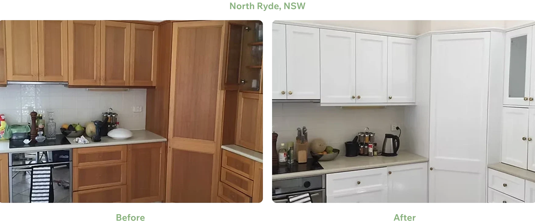 Kitchen Cupboard Repainting North Ryde Sydney Before and after kitchen cupboard repainting in North Ryde Sydney